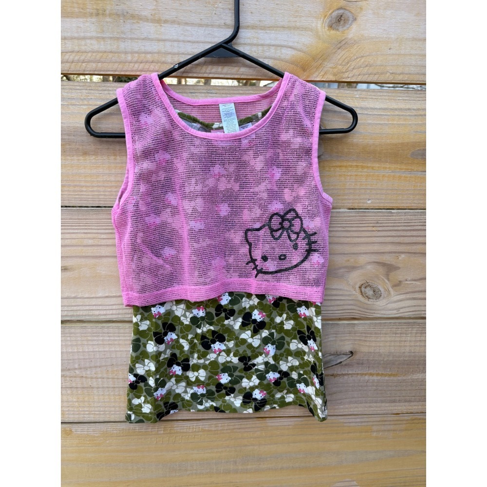Sanrio Hello Kitty Pink Mesh & Green Camo Layered Tank Top Set Girls L 10/12